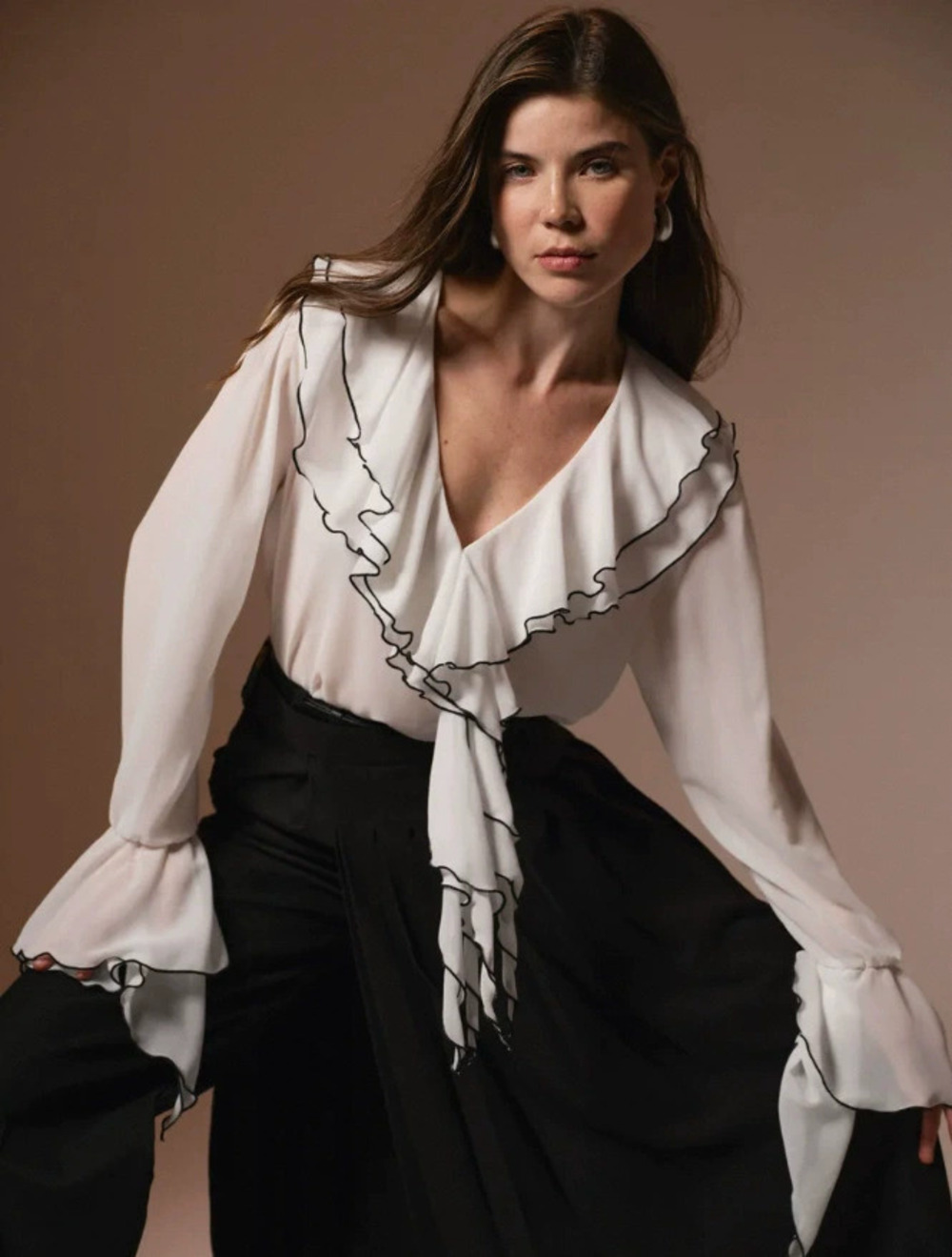 Zara Russian Ruffle Tie Front Long Sleeve Blouse Top